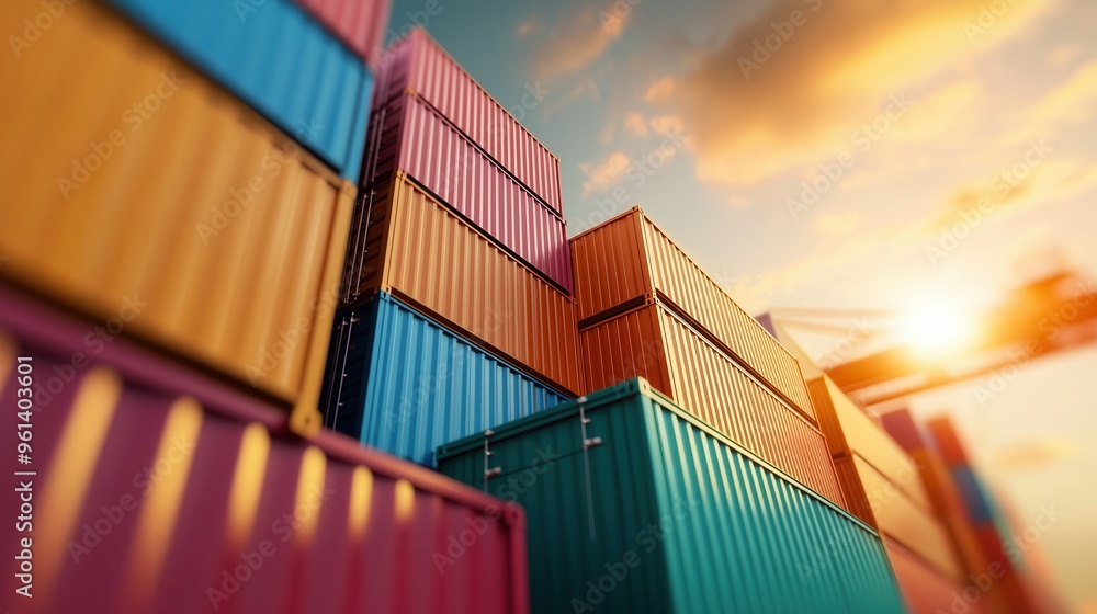 Fototapeta premium High-detail image of shipping containers stacked at a port, global logistics and trade, supply chain dynamics