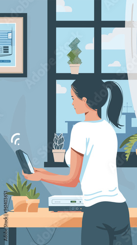 Smart Woman Configuring Wireless Router Using Setup Guide for Internet Connectivity and App Development