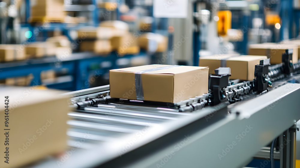 A close-up of conveyor belts carrying packaged boxes through a warehouse showcasing industrial efficiency and automation A close-up of conveyor belts carrying packaged boxes through a warehouse showcasing industrial efficiency and automation