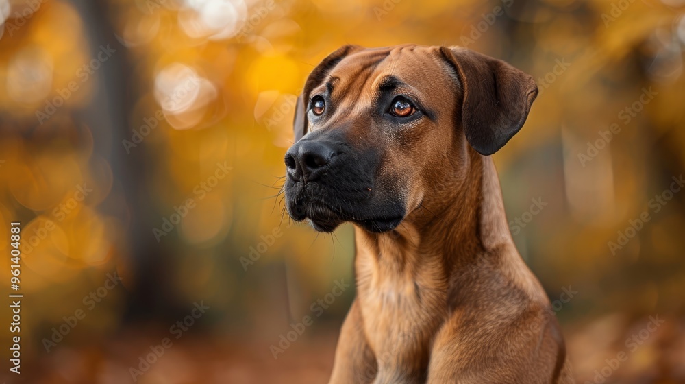 A large brown dog gazes seriously at the camera, set against a backdrop of a forest ablaze with yellow and orange leaves A large brown dog gazes seriously at the camera, set against a backdrop of a forest ablaze with yellow and orange leaves
