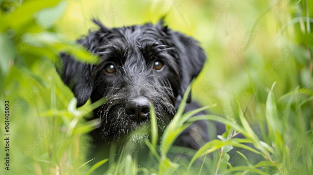 A tight shot of a dog gazing at the camera with wide-open eyes amidst a sea of tall grass A tight shot of a dog gazing at the camera with wide-open eyes amidst a sea of tall grass