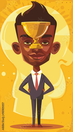 Triumphant African Businessman with Success Trophy Inside Enormous Head, Positive Mindset and Motivation for Personal Growth and Achievement