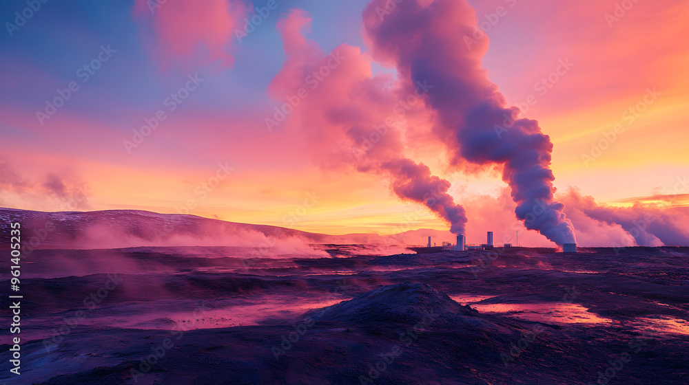 Fototapeta premium A geothermal power plant showcases steam rising against a vibrant sunset sky with colorful clouds and dramatic landscape features