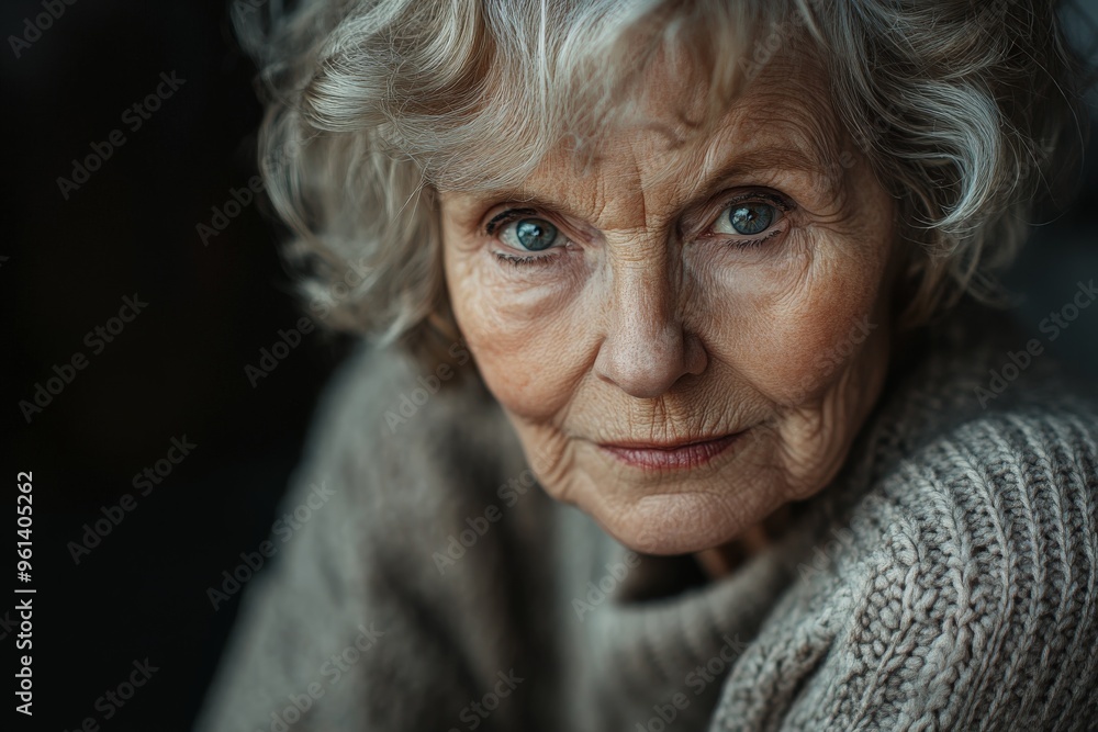 A thoughtful and serene portrait of an elderly woman wrapped in a grey knitted sweater, her expressive eyes and gentle smile highlight the details of her age and wisdom. A thoughtful and serene portrait of an elderly woman wrapped in a grey knitted sweater, her expressive eyes and gentle smile highlight the details of her age and wisdom.