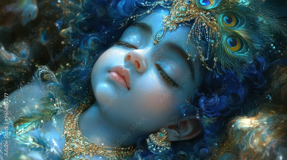 adorable illustration of baby krishna with blue skin peacefully sleeping while adorned with a peacock feather set in a dreamy celestial atmosphere adorable illustration of baby krishna with blue skin peacefully sleeping while adorned with a peacock feather set in a dreamy celestial atmosphere