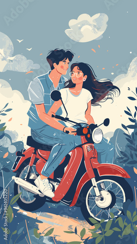 Young Couple in Love Riding Motorcycle, Traveling Together on Two-Wheeler, Trendy Blue Color Style Illustration