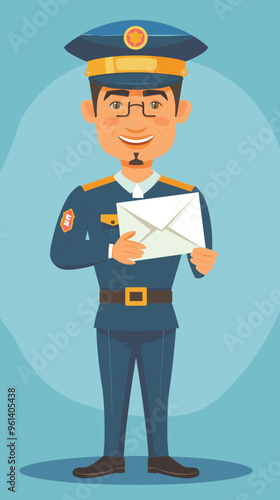 Smiling Caucasian Mailman in Uniform Holding Letter, Standing Next to White Postal Delivery Van