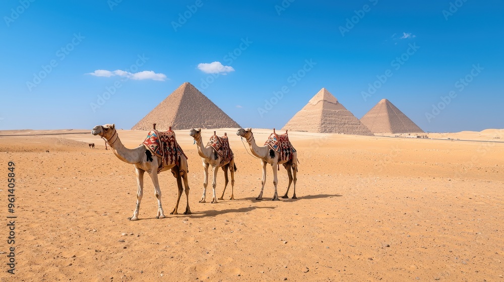 Fototapeta premium Vibrant Camels Among Majestic Giza Pyramids - Desert Exotic Safari in Egypt
