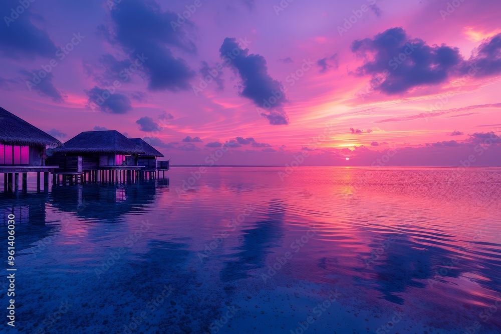 Stunning Maldives sunset with pink, blue, and purple sky over luxury overwater huts, calm water reflecting the vibrant colors. Stunning Maldives sunset with pink, blue, and purple sky over luxury overwater huts, calm water reflecting the vibrant colors.