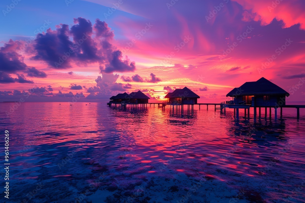 Stunning Maldives sunset with pink, blue, and purple sky over luxury overwater huts, calm water reflecting the vibrant colors. Stunning Maldives sunset with pink, blue, and purple sky over luxury overwater huts, calm water reflecting the vibrant colors.