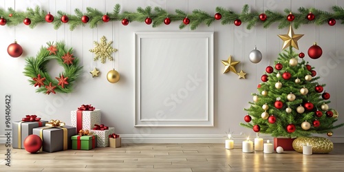 Frosted glass balls and sparkly snowflakes adorn the walls, amidst a backdrop of twinkling lights, inviting you to photo