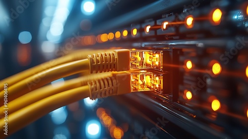 A server filled with yellow ethernet cables and glowing lights, representing the pulse of a digital network. photo