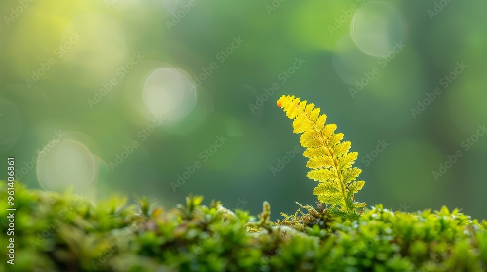 Fototapeta premium A tiny yellow leaf atop moss-covered ground, before indistinct backdrop of trees