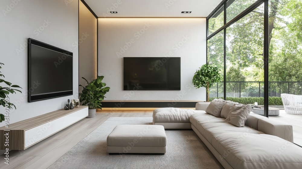 Modern Minimalist Living Room with Large Windows and Comfortable White Sofa Modern Minimalist Living Room with Large Windows and Comfortable White Sofa