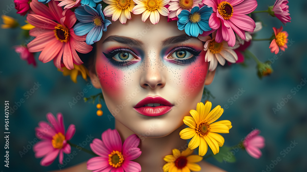 A young woman with a hair style of beautiful, multi-colored flowers. A young woman with a hair style of beautiful, multi-colored flowers.