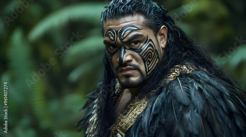 Intense close-up of a Maori warrior with facial moko tattoos, a feathered cloak draped over his shoulders, and a determined expression, set against a backdrop of dense, green forest photo