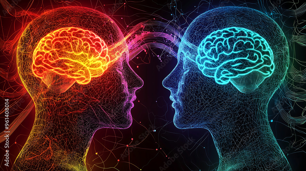 two human heads facing each other, one head has colorful glowing brain with neurons and the second is solid black color