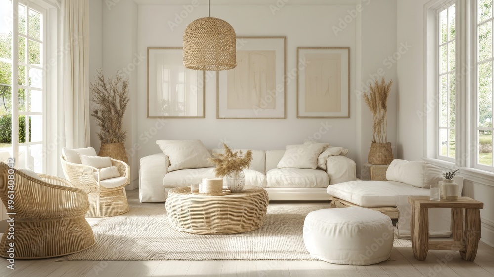 Fototapeta premium Cozy Modern Living Room with Natural Light and Minimalist Decor Featuring Neutral Tones and Rattan Furniture