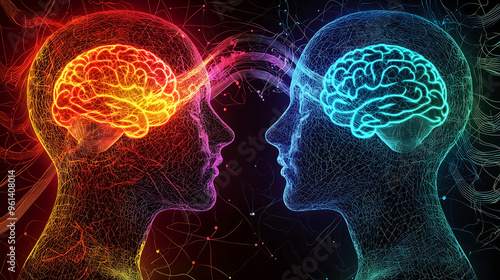 two human heads facing each other, one head has colorful glowing brain with neurons and the second is solid black color