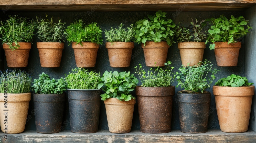 Fresh Herbs Growing in Terracotta Pots on a Wooden Shelf Fresh Herbs Growing in Terracotta Pots on a Wooden Shelf