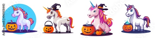 Whimsical unicorn illustrations perfect for Halloween-themed designs, featuring colorful decorations and playful elements.