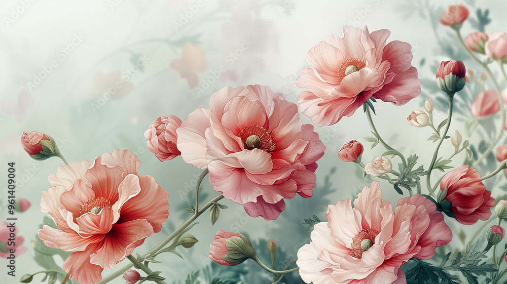 A delicate and romantic floral arrangement featuring a cluster of soft pink and white roses. The lush petals and vibrant colors A delicate and romantic floral arrangement featuring a cluster of soft pink and white roses. The lush petals and vibrant colors