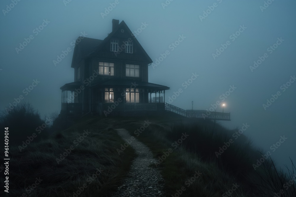 Eerie haunted house sits on a hilltop surrounded by fog at twilight with lights glowing in the windows Eerie haunted house sits on a hilltop surrounded by fog at twilight with lights glowing in the windows