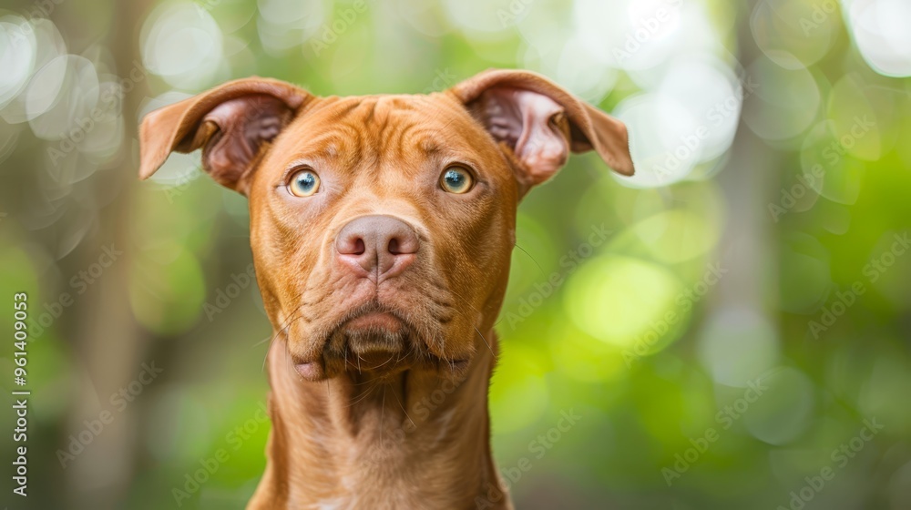 A tight shot of a dog's head against a backdrop of softly focused trees and green grass A tight shot of a dog's head against a backdrop of softly focused trees and green grass