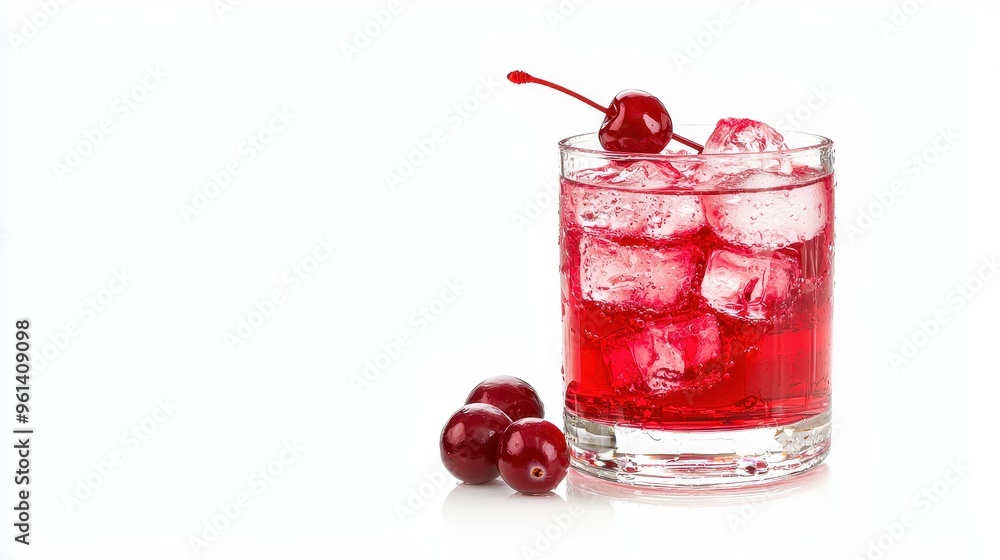Cherry Cocktail with Ice Cubes and Cherries on White Background Cherry Cocktail with Ice Cubes and Cherries on White Background
