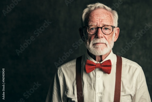 An elderly man with glasses and a red bow tie, wearing suspenders and a white shirt, stands against a dark background looking composed and serious. photo