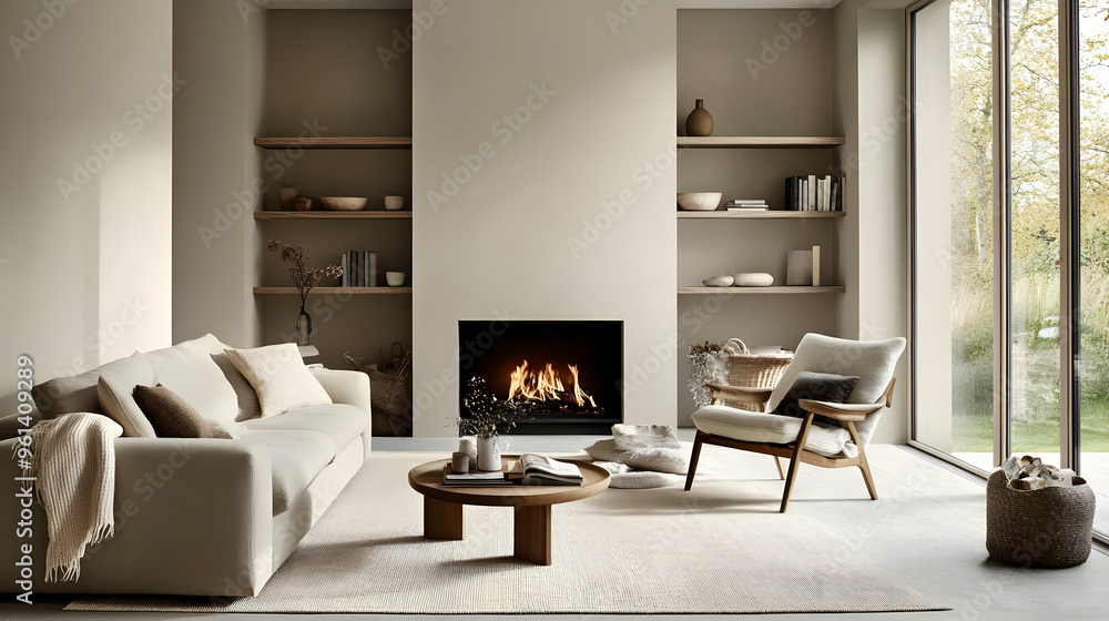 Fototapeta premium Cozy modern living room with a fireplace and minimalist decor.