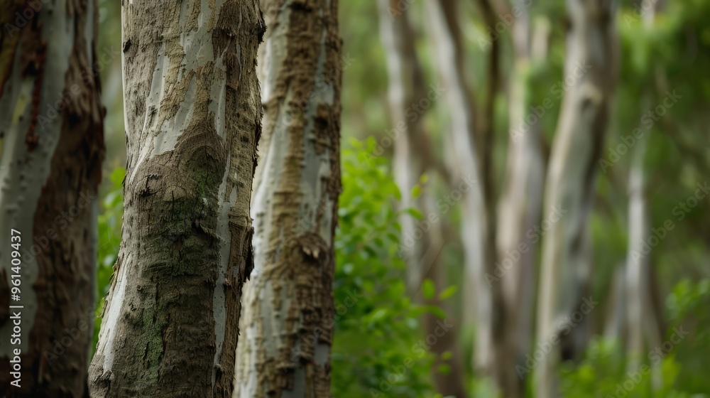 A forest teeming with numerous trees, each boasting Brown and green leaves, borders another forest identical in composition A forest teeming with numerous trees, each boasting Brown and green leaves, borders another forest identical in composition