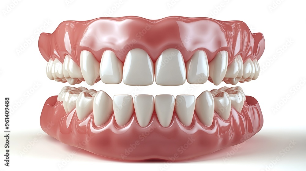Fototapeta premium Realistic photo of teeth with white and pink coloring, front view, on an isolated white background 