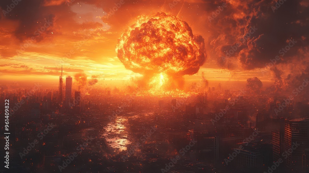 apocalyptic cityscape engulfed by a massive mushroom cloud buildings crumble as shockwaves ripple through the air fiery debris rains down amidst a haunting orange glow apocalyptic cityscape engulfed by a massive mushroom cloud buildings crumble as shockwaves ripple through the air fiery debris rains down amidst a haunting orange glow