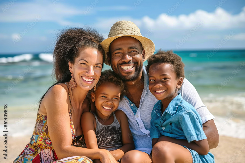 Happy multiracial family enjoying a sunny beach vacation together, creating cherished memories and radiating joy and togetherness Happy multiracial family enjoying a sunny beach vacation together, creating cherished memories and radiating joy and togetherness