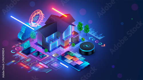 Smart home controlled phone or smart speaker. Smart home technology of house automation system. House standing around phone, smart speaker, wireless connections devices. IOT. AI home voice control.