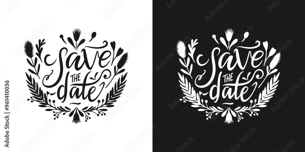 Save The Date abstract text calligraphy decorated with natural ornaments Save The Date abstract text calligraphy decorated with natural ornaments