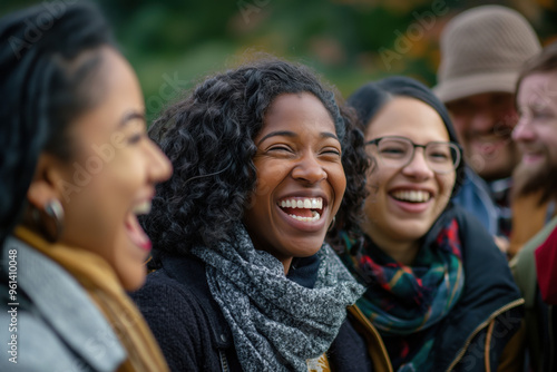 Diverse group of friends happily laughing together outdoors on a chilly autumn day, bundled up in scarves and jackets, surrounded by colorful foliage