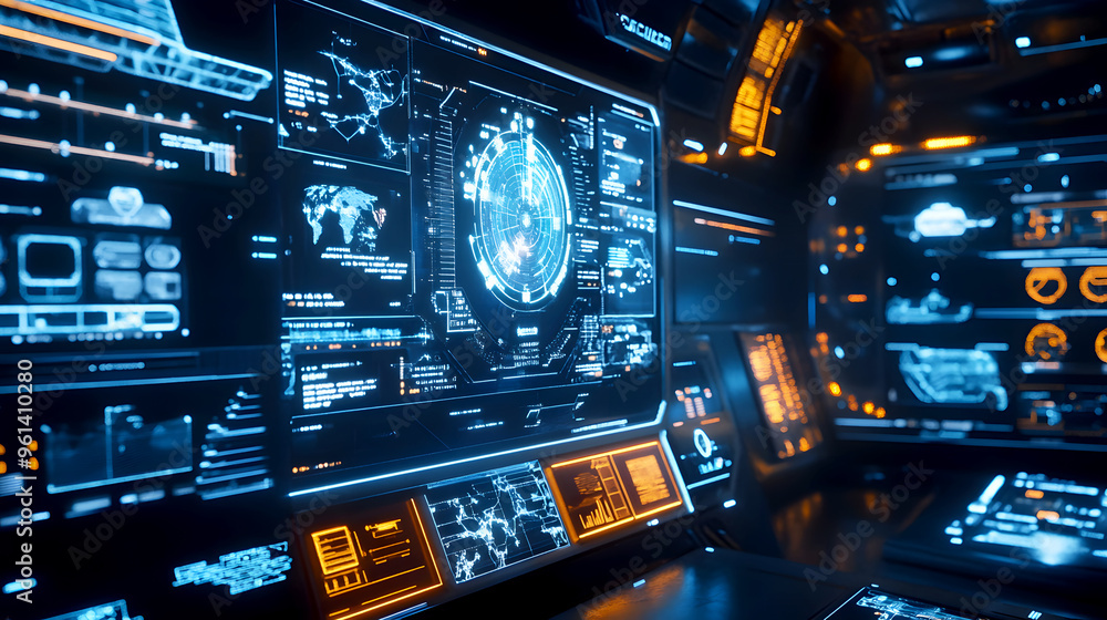 Obraz premium futuristic interface filled with floating holographic displays and interactive elements