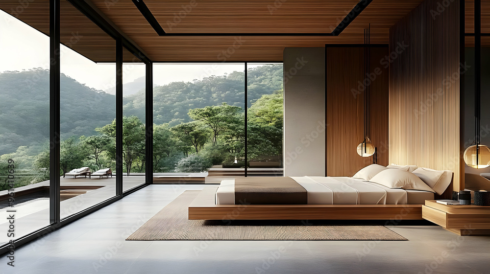 Obraz premium Modern bedroom with large windows offering a view of lush greenery and mountains.