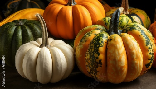 Close-up of colorful gourds arranged for decoration photo