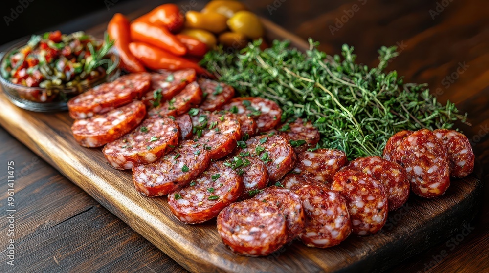artisanal charcuterie board featuring spanish chorizo herbs and peppers rustic wooden backdrop warm lighting artisanal charcuterie board featuring spanish chorizo herbs and peppers rustic wooden backdrop warm lighting