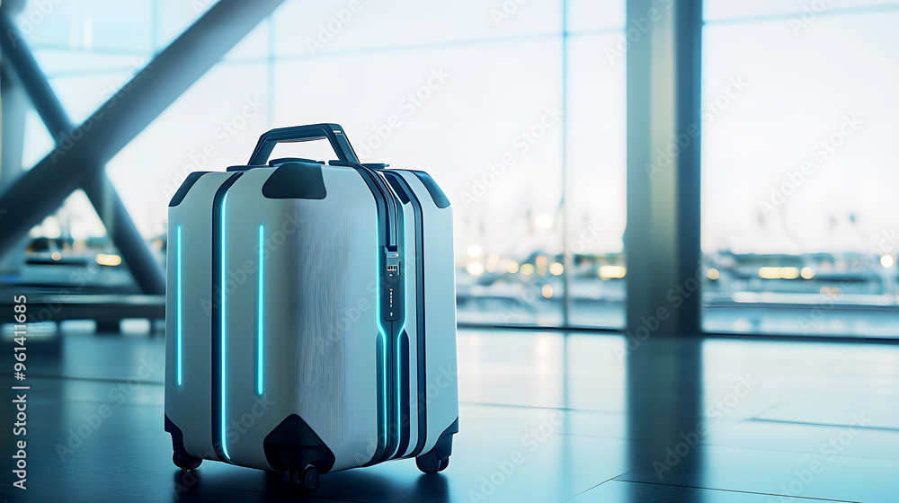 futuristic smart suitcase with built-in GPS and digital locks, showcased in a high-tech airport setting futuristic smart suitcase with built-in GPS and digital locks, showcased in a high-tech airport setting