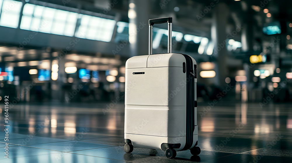 Obraz premium futuristic smart suitcase with built-in GPS and digital locks, showcased in a high-tech airport setting