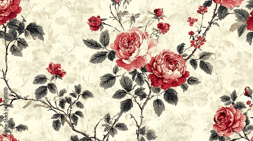 Fototapeta Naklejka Na Ścianę i Meble -  A vintage seamless pattern of red roses and leaves on a cream background, classic and romantic.