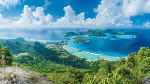 A panoramic view of a tropical island with lush vegetation and pristine blue waters, showcasing the beauty of nature photo