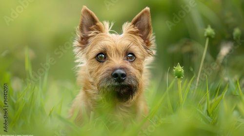  A sad-eyed dog in close-up, gazing at the camera from a lush grassy field