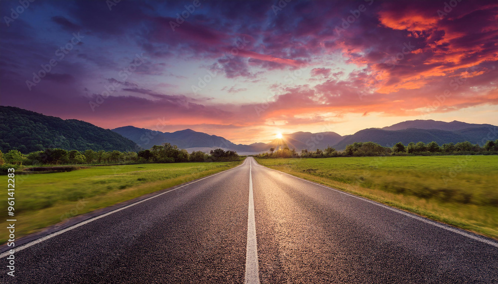 Naklejka premium concept de route droite avec joli paysage de nature et ciel nuageux lumineux