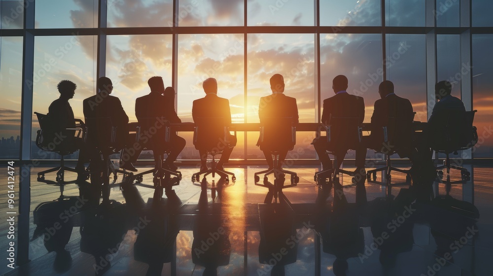 Silhouettes of business professionals in a meeting against a sunset backdrop. Silhouettes of business professionals in a meeting against a sunset backdrop.