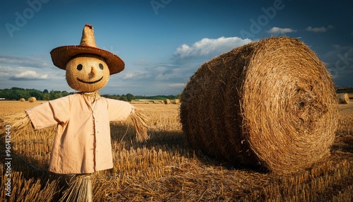 A scarecrow and hay bales in a farm field photo